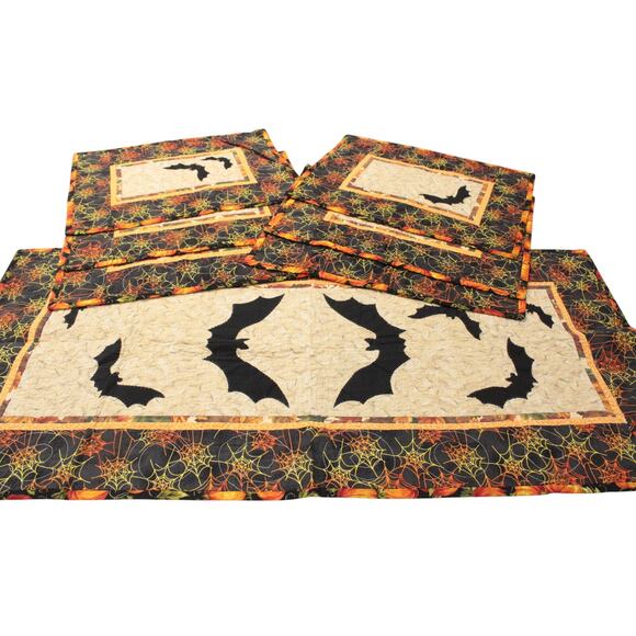 Double Sided Placemats & Runner Halloween Bats webs Fall Autumn leaves 7 pieces - Picture 1 of 14